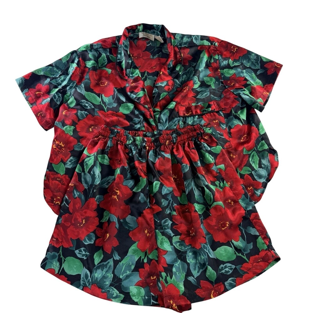 Vtg Victoria's Secret Gold Label Satin Pajama Set M Black Red Floral Top Shorts